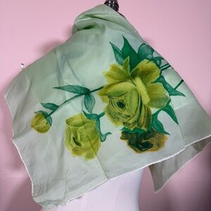 Vintage 1950 retro art deco green yellow rose Cottagecore floral square scarf